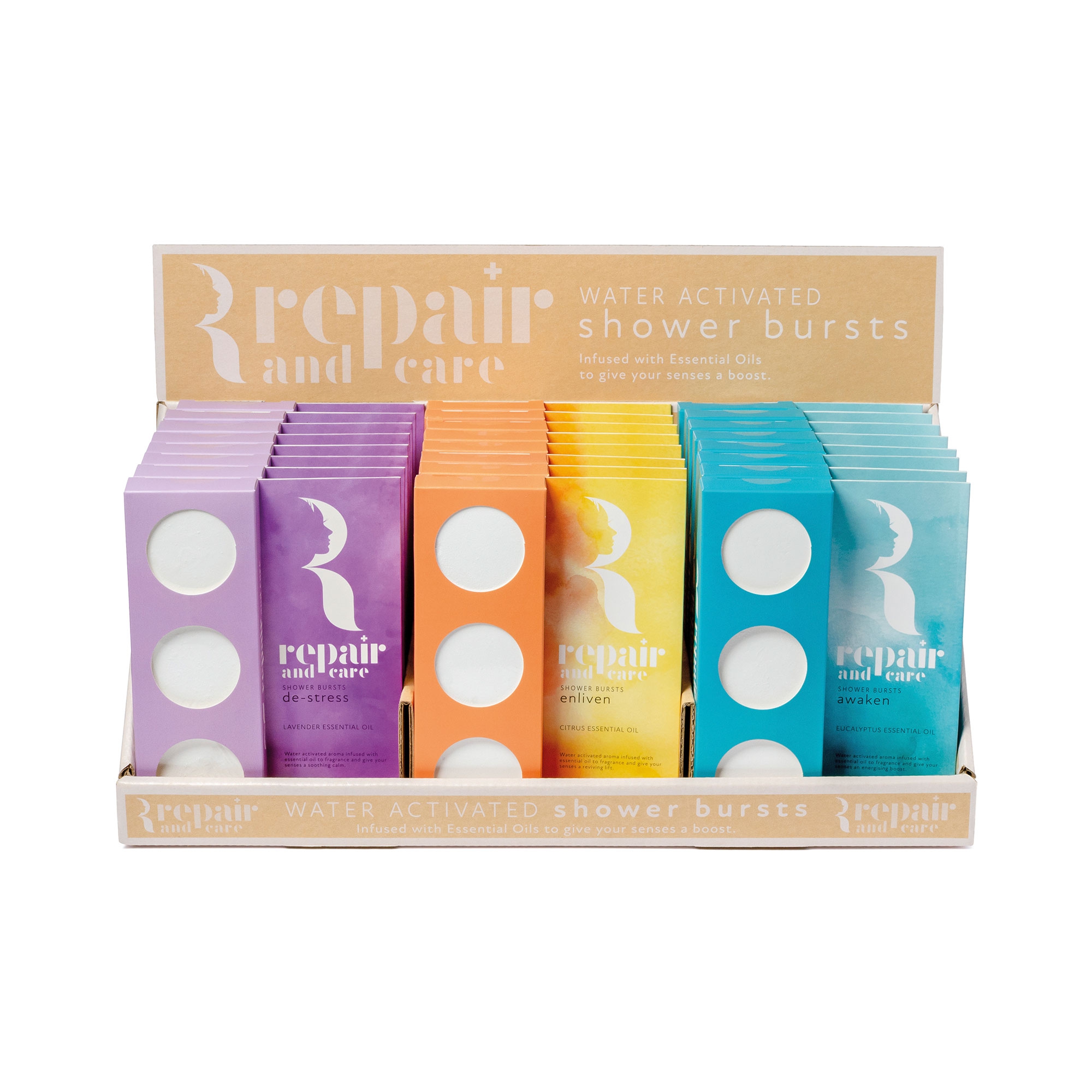 Repair Wellness Shower Steamer Display 18x3x50 g - Eukalyptus & Minze/Lavendel & Kamille/Orangenblüte Repair Wellness Shower Steamer Display 18x3x50 g - Eukalyptus & Minze/Lavendel & Kamille/Orangenblüte