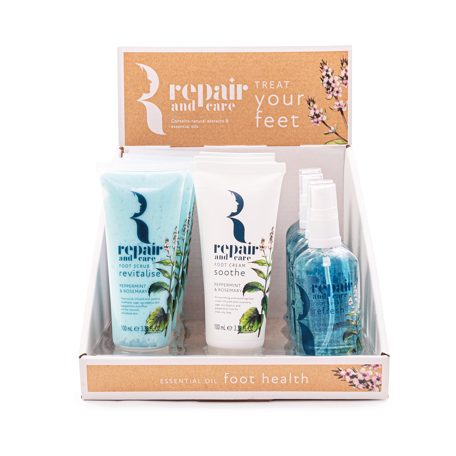 Repair Treat Your Feet-Scrub, Creme & Spray - Peppermint & Rosemary, 3 x 4 St. im Display